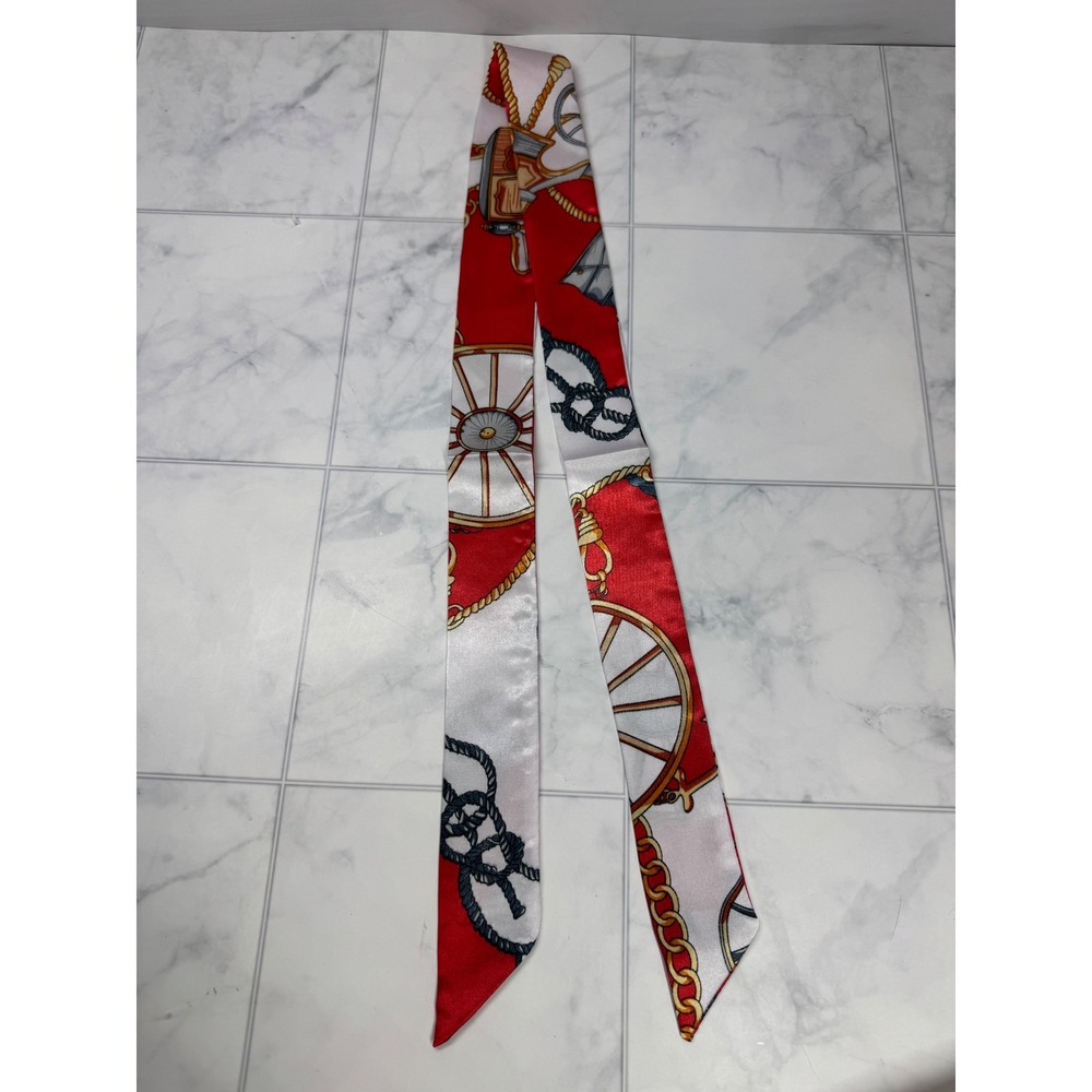 Red White Equestrian Carriage Wheel Print Skinny Scarf Handbag Ribbon Tie New
